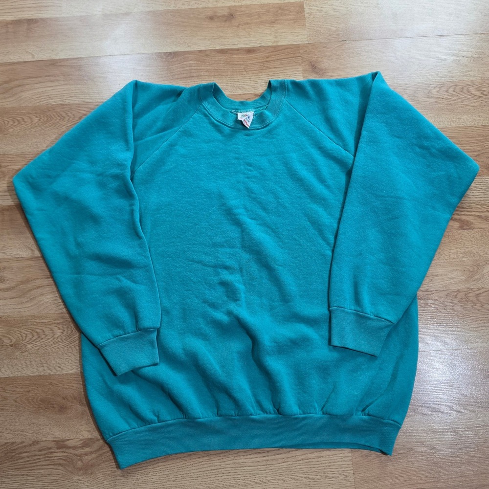 Fruit of the Loom Sweatshirt Mens XL Teal Vintage Made USA Raglan Pullover Blank